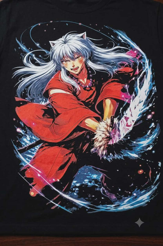 colorful graphic of inuyasha on a black shirt
