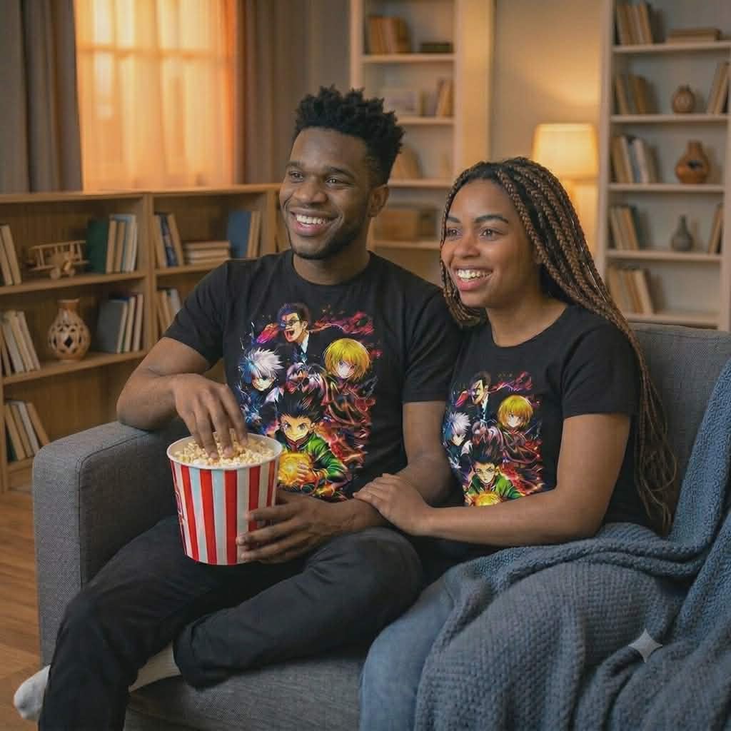 Couple relaxing on a couch watching anime while wearing matching Hunter x Hunter graphic shirts.