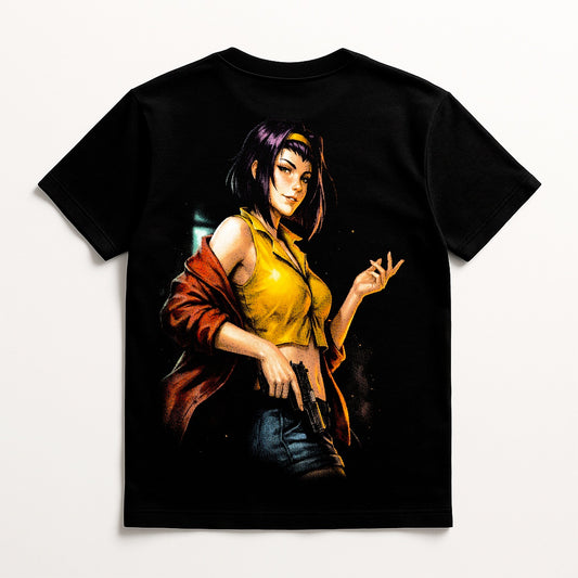 Faye Valentine Cowboy Bebop graphic tee, modern streetwear design featuring iconic Cowboy Bebop character, front view.
