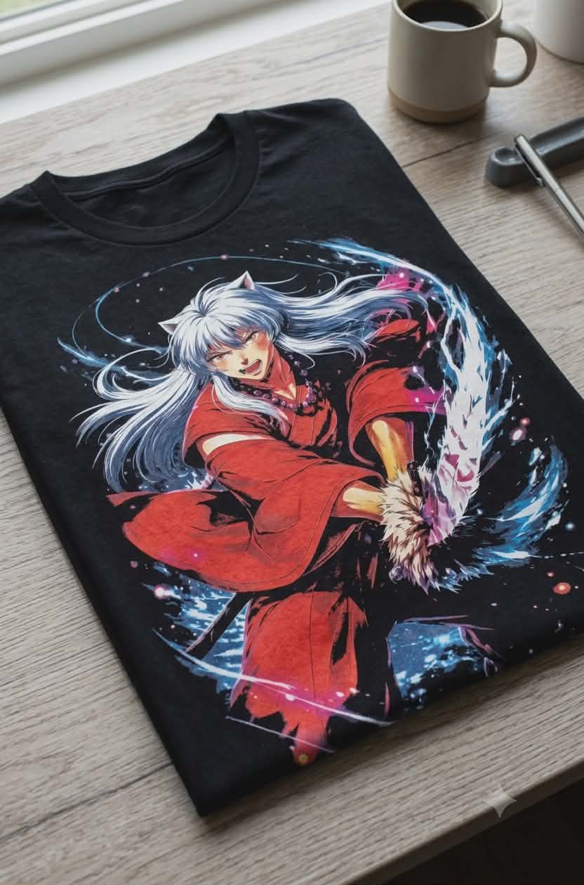 Clean, modern folded t-shirt featuring Inuyasha graphic, showcasing fabric texture and premium print quality
