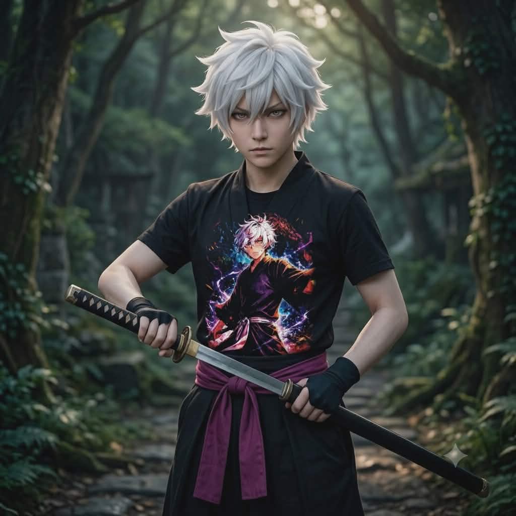 Male cosplayer dressed as Gabimaru from Hell's Paradise, styled in a modern, high-end streetwear graphic tee