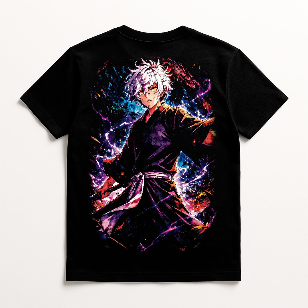 Professional studio mock-up of a folded Hell's Paradise t-shirt featuring a crisp Gabimaru graphic