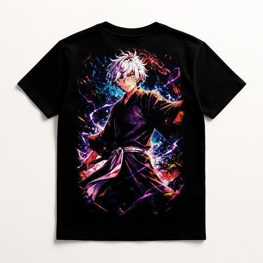 Professional studio mock-up of a folded Hell's Paradise t-shirt featuring a crisp Gabimaru graphic