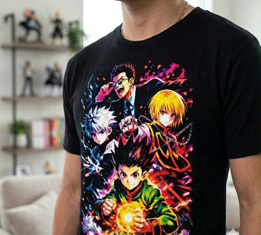 Detailed close-up of a male model wearing a Hunter x Hunter graphic shirt, highlighting the sharp print quality and fabric texture.