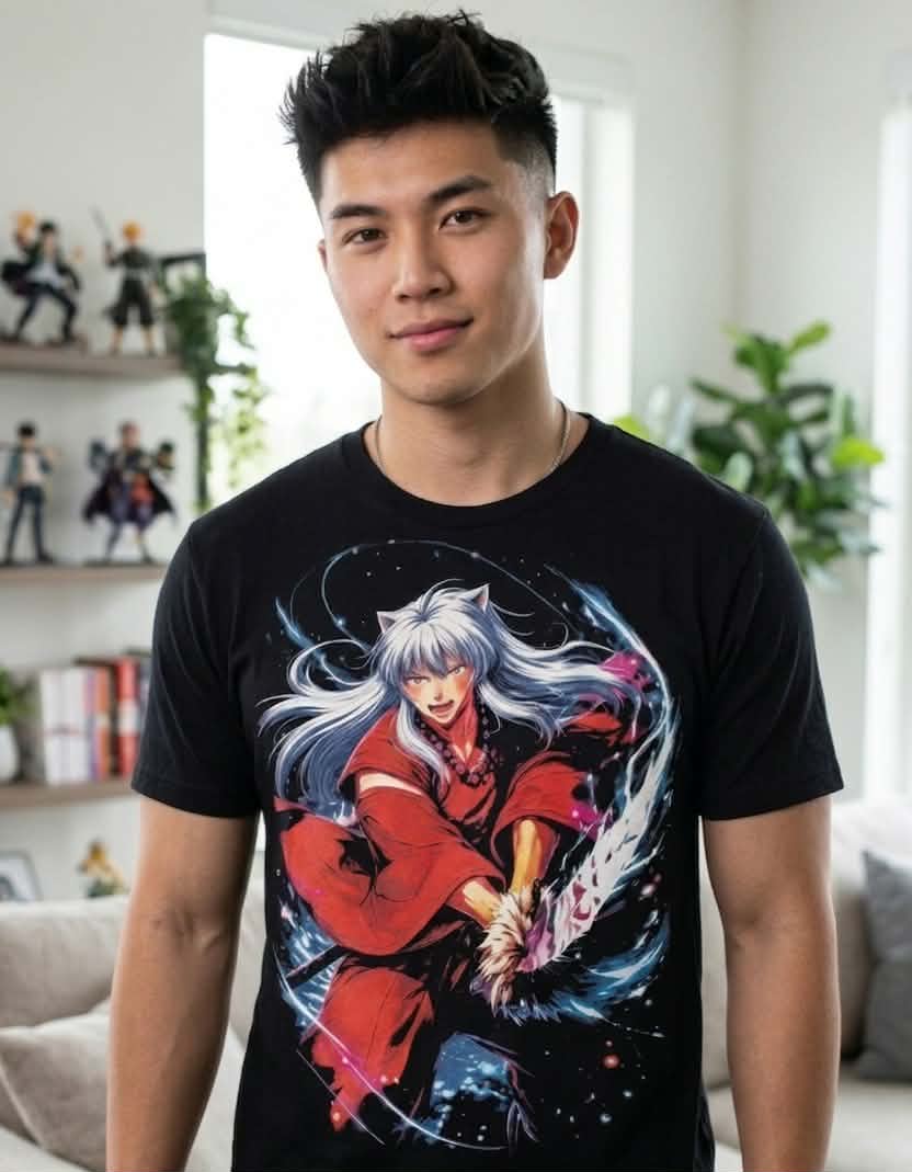 Male model wearing a modern-fit black streetwear t-shirt featuring a bold Inuyasha graphic design.