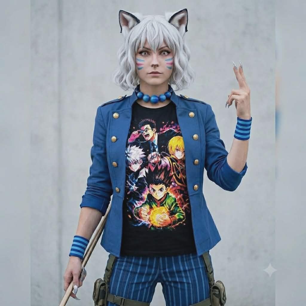 Neferpitou cosplayer styled in a premium streetwear t-shirt with a crisp Hunter x Hunter character print
