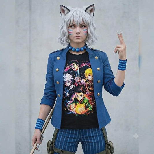 Neferpitou cosplayer styled in a premium streetwear t-shirt with a crisp Hunter x Hunter character print