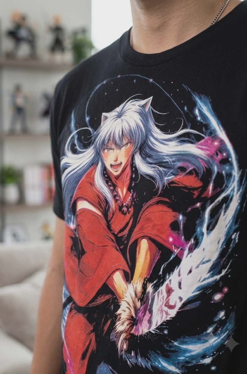 Side view of a male model wearing an Inuyasha graphic streetwear shirt, highlighting the modern cut and print placement