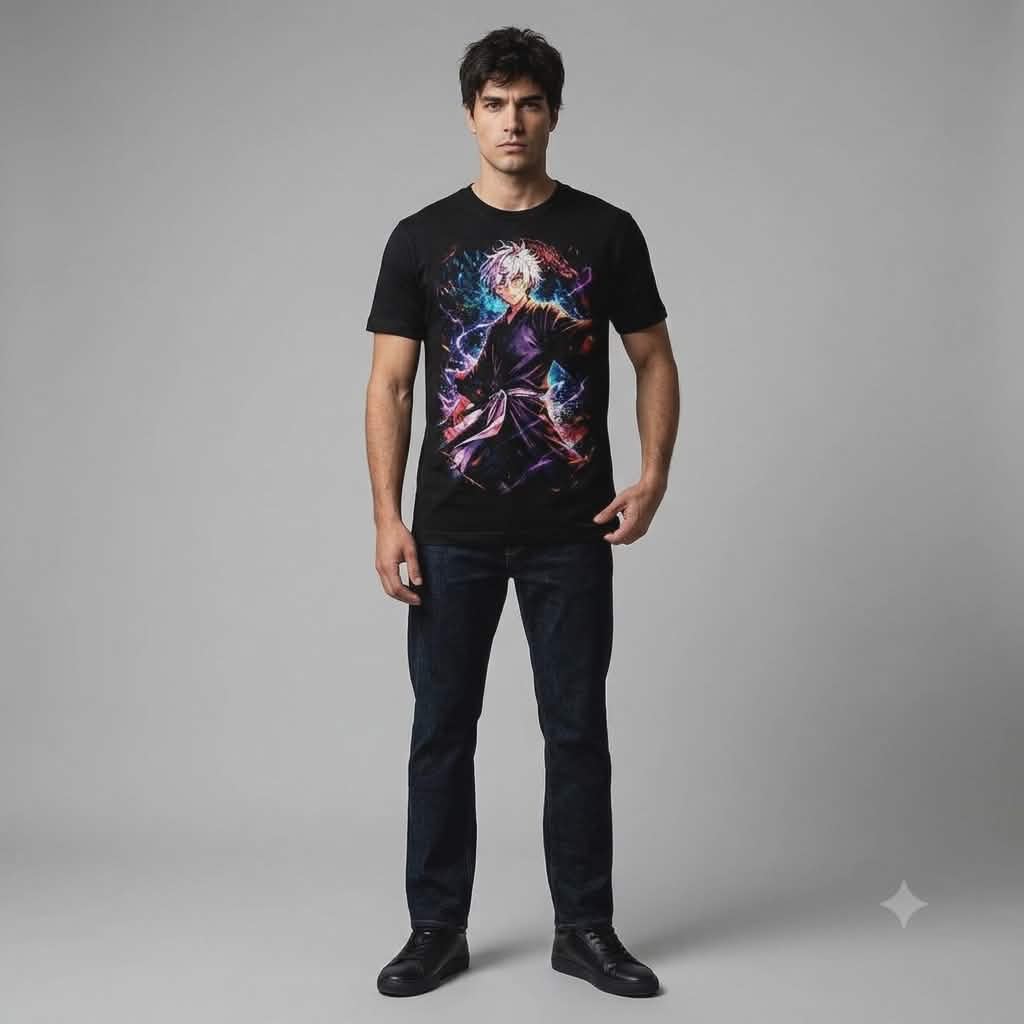 ​A casual model wearing a modern-fit Hell's Paradise graphic shirt, showcasing the clean aesthetic and print quality.