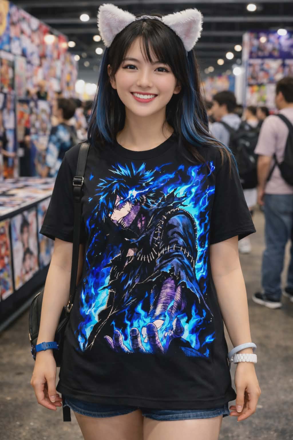 Female fan wearing the Dabi My Hero Academia modern streetwear shirt, styled with a clean, contemporary fit at an anime convention.