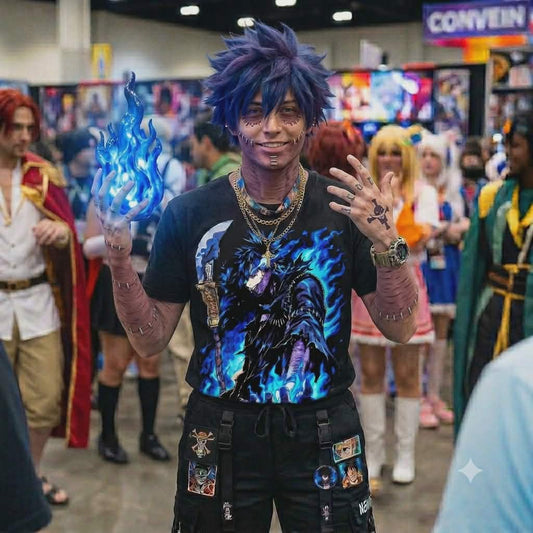 Male fan wearing the Dabi My Hero Academia anime graphic shirt at a convention, highlighting the sharp, modern streetwear fit.
