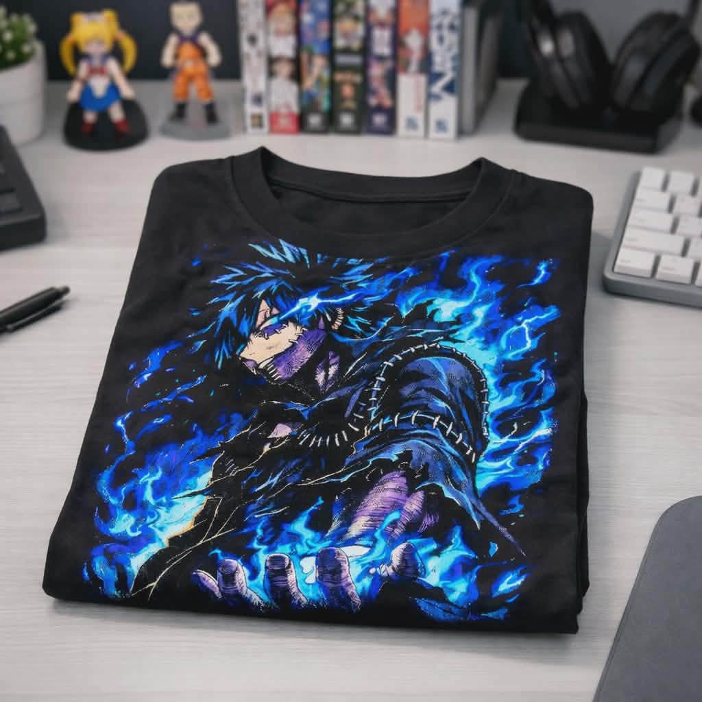 Premium Dabi My Hero Academia streetwear shirt folded on a desk, highlighting the high-quality DTF print texture.