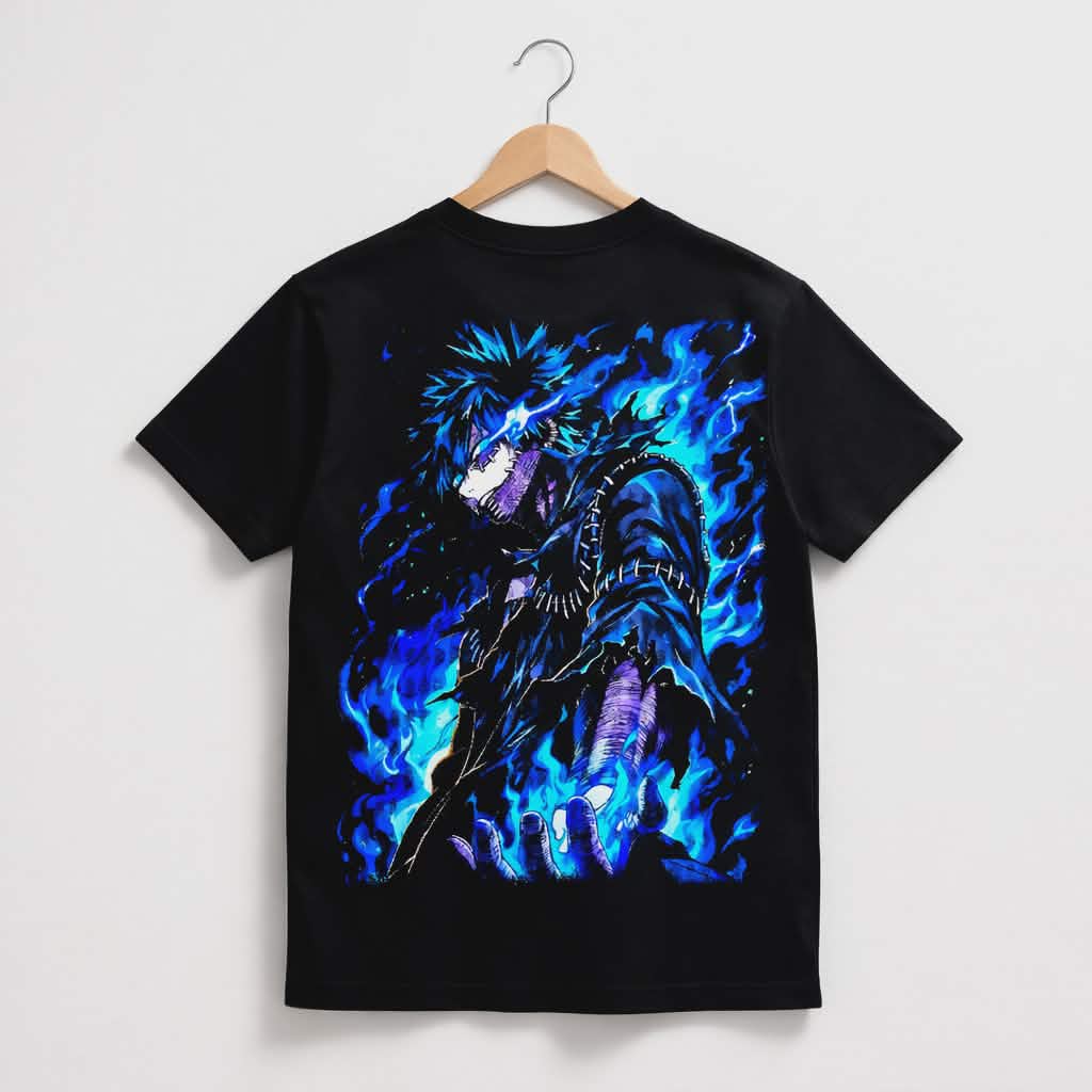 Dabi My Hero Academia anime streetwear shirt displayed on a hanger, showcasing the clean, high-end design and professional print quality
