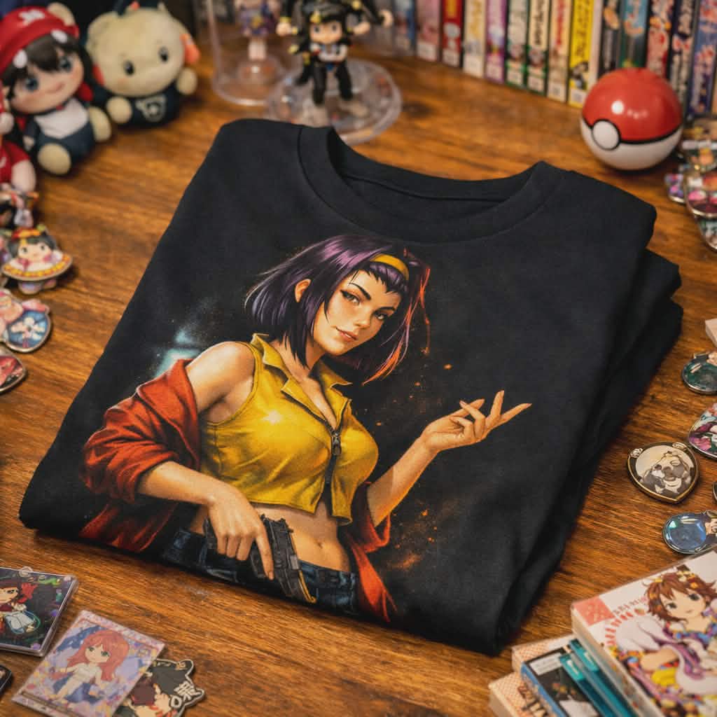 Faye Valentine graphic tee folded neatly on a desk, displayed alongside anime collectibles for a clean, curated streetwear look.
