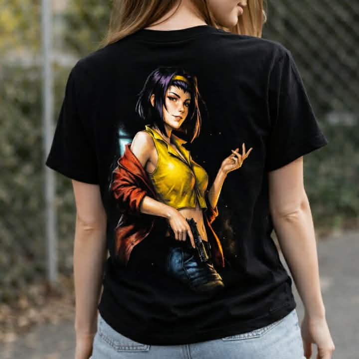 Close-up view of female model wearing the Faye Valentine streetwear tee, highlighting the detailed back graphic