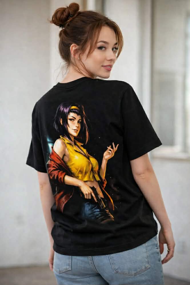 Female model wearing Faye Valentine graphic tee, showcasing the clean, modern streetwear design on the back