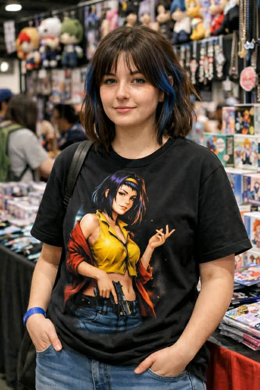 female model wearing modern Faye Valentine Cowboy Bebop Streetwear tee, styled with a clean contemporary fit.