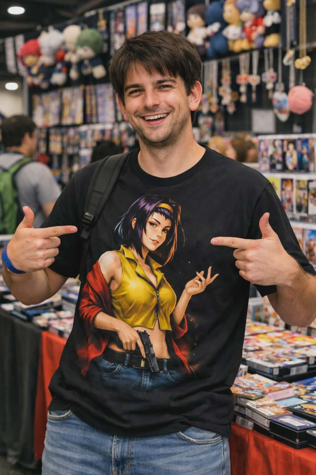 Male model styled in a Faye Valentine Cowboy Bebop graphic shirt, highlighting the clean, high-end anime streetwear design
