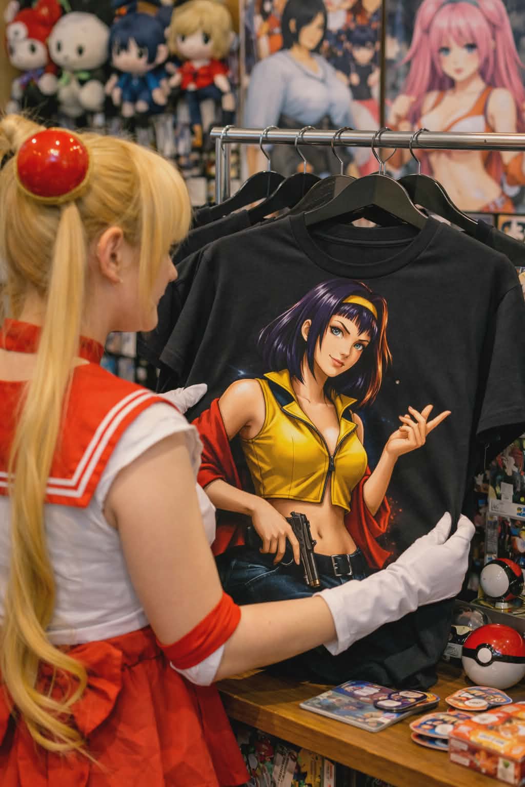 Person browsing the Faye Valentine graphic tee on a clothing rack, highlighting the clean, modern streetwear collection.