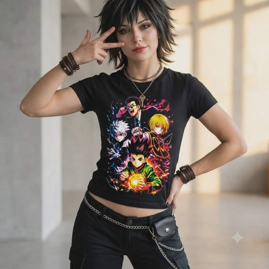 Female model showcasing the modern, high-end fit of a Hunter x Hunter streetwear t-shirt.