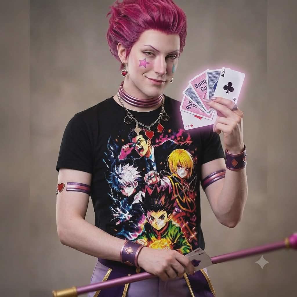 Hisoka cosplayer wearing a modern-fit black t-shirt featuring a high-quality Hunter x Hunter DTF graphic design