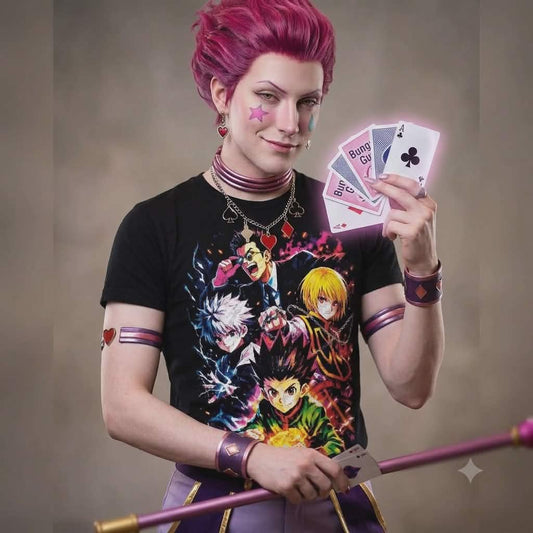 Hisoka cosplayer wearing a modern-fit black t-shirt featuring a high-quality Hunter x Hunter DTF graphic design