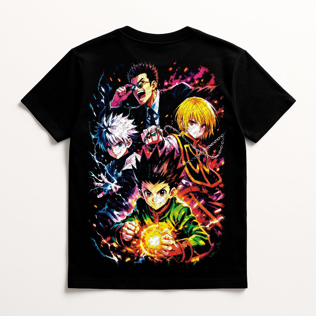 Professional studio mock-up of a  Hunter x Hunter graphic t-shirt, emphasizing premium cotton quality.