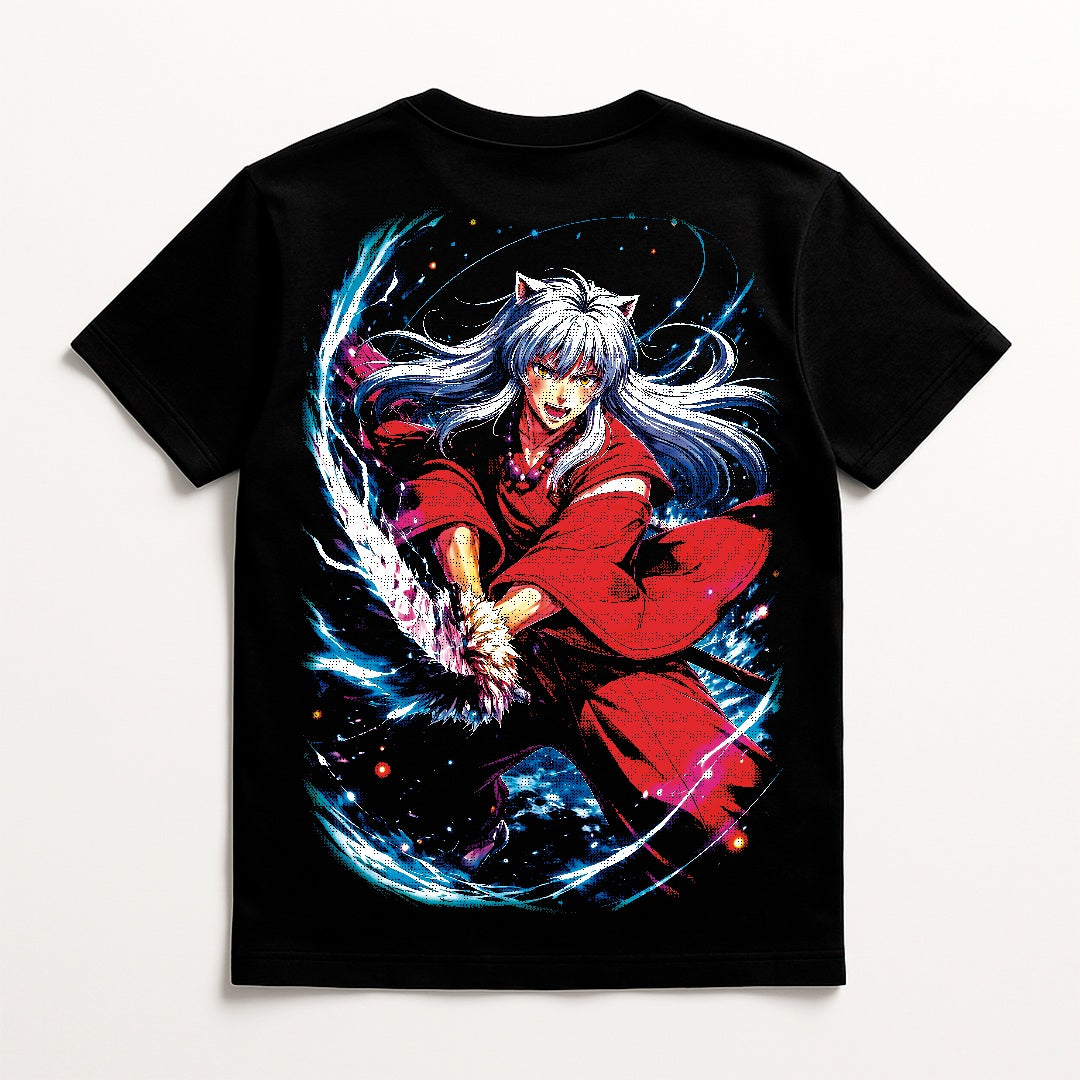 Close-up of high-definition DTF graphic print on premium cotton streetwear, featuring crisp Inuyasha character artwork.