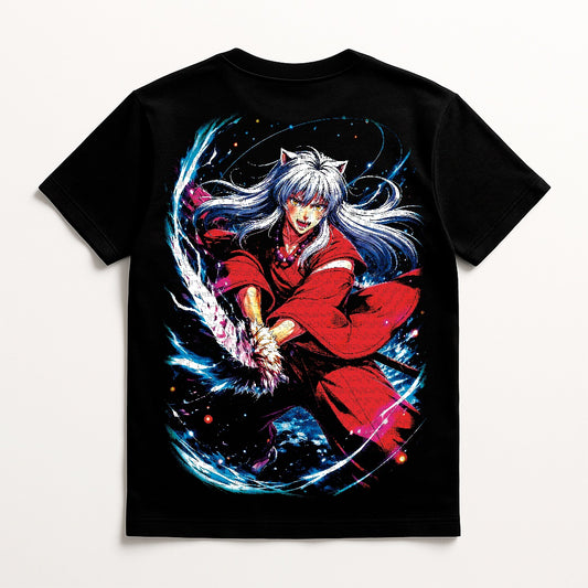 Close-up of high-definition DTF graphic print on premium cotton streetwear, featuring crisp Inuyasha character artwork.