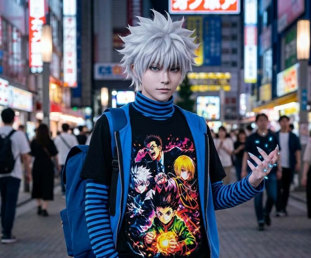 Killua cosplayer wearing a clean, modern-cut Hunter x Hunter graphic tee for a sharp streetwear look