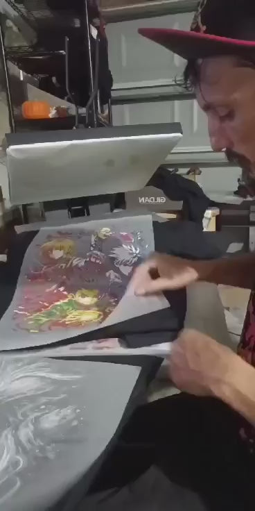 Behind-the-scenes video showcasing the professional DTF transfer process for our Hunter x Hunter t-shirt