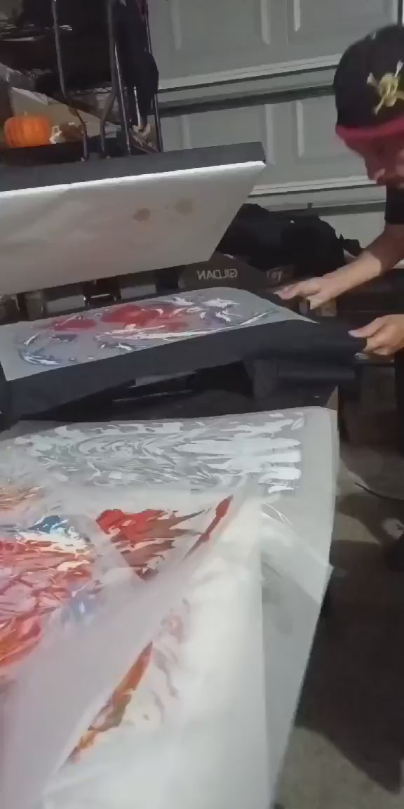 Behind-the-scenes video of the professional DTF transfer process used to create high-quality, inuyasha shirt