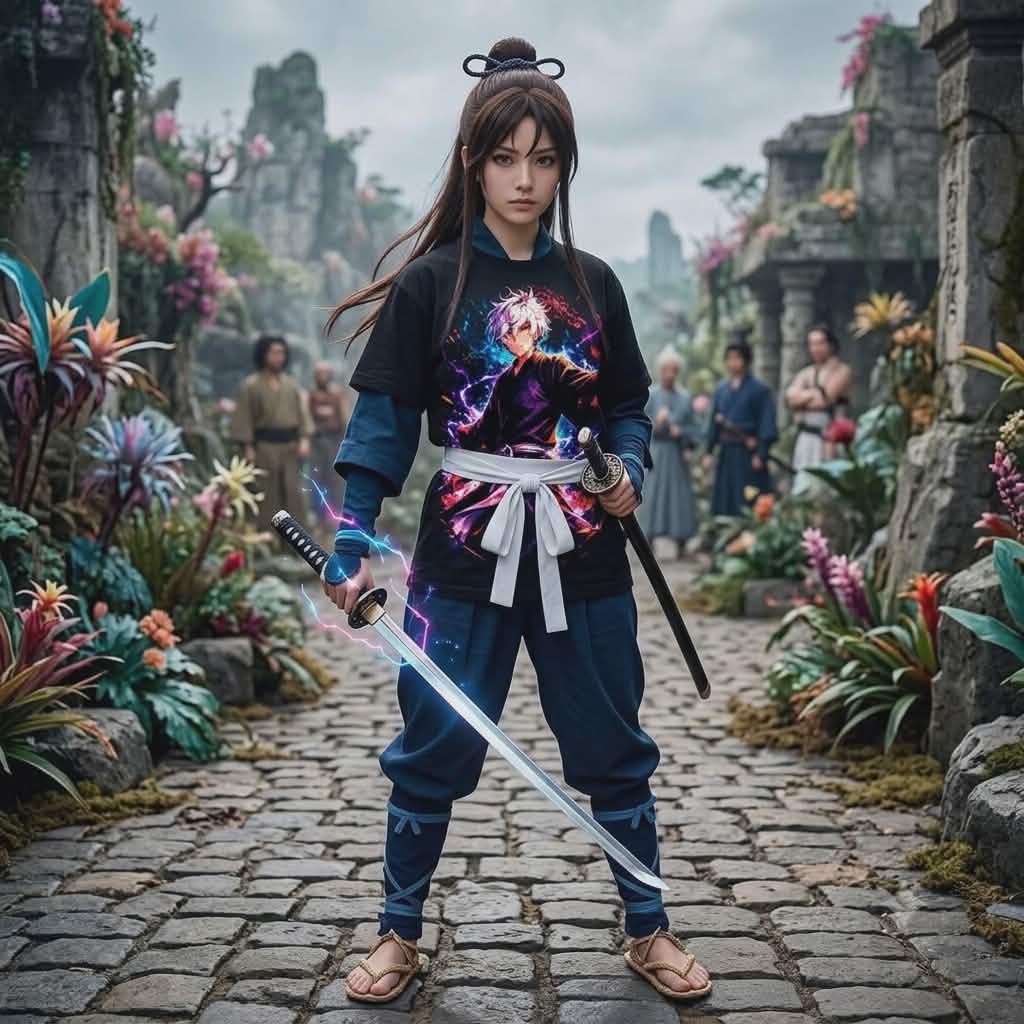 Female cosplayer portraying Sagiri from Hell's Paradise, wearing a premium cotton streetwear shirt with detailed anime artwork.