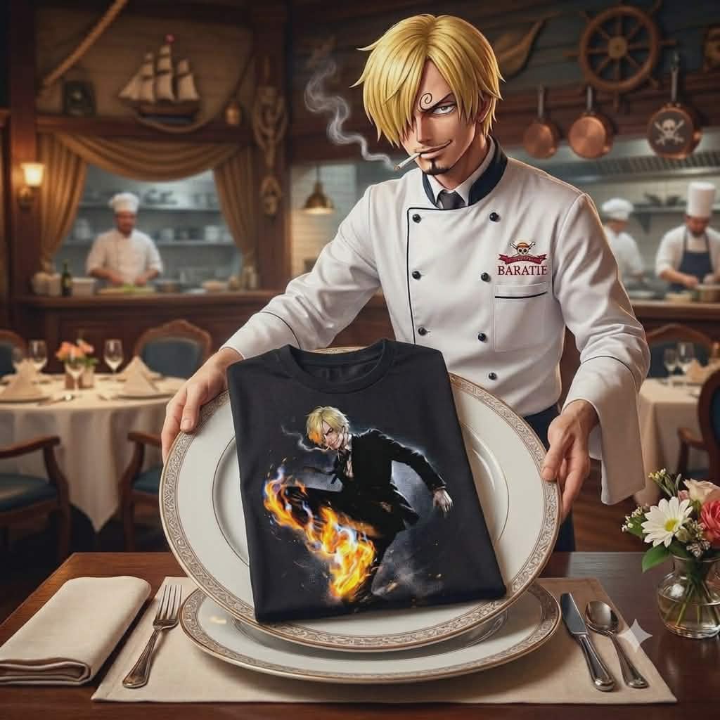 Artistic display of the Sanji One Piece graphic shirt, featuring a stylized culinary-themed presentation.