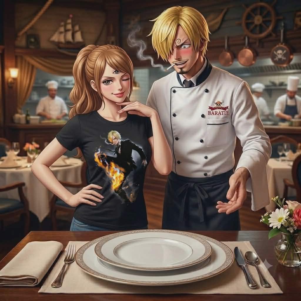 Artistic illustration featuring Charlotte Pudding from One Piece, showing off the Sanji graphic shirt with Sanji nearby in a culinary-themed presentation.