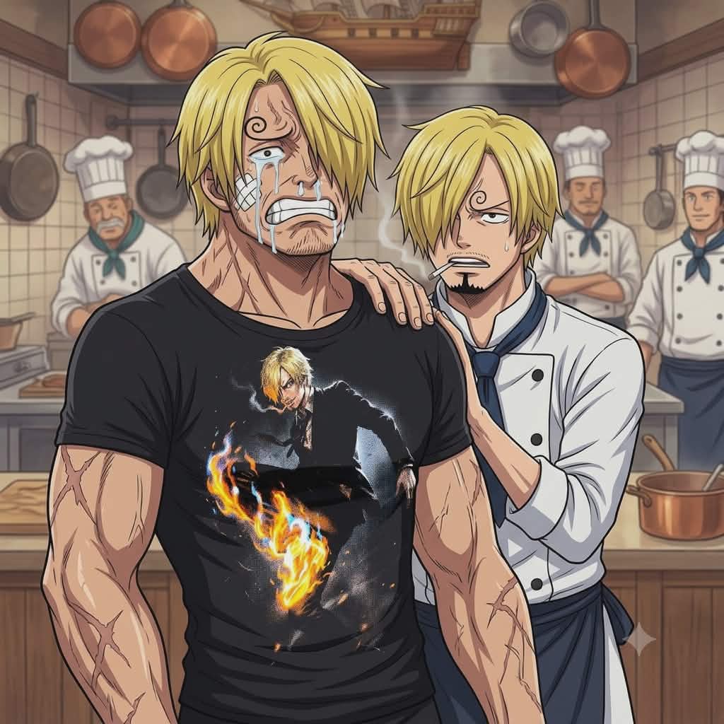 Illustration of Duval from One Piece emotionally admiring the Sanji graphic shirt, featuring Sanji in the background for a complete fan-inspired aesthetic.