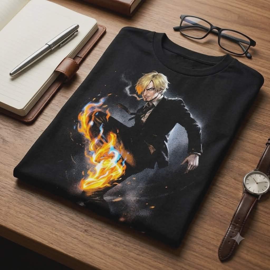 Premium Sanji One Piece streetwear shirt displayed flat on a desk, highlighting the high-quality DTF print texture
