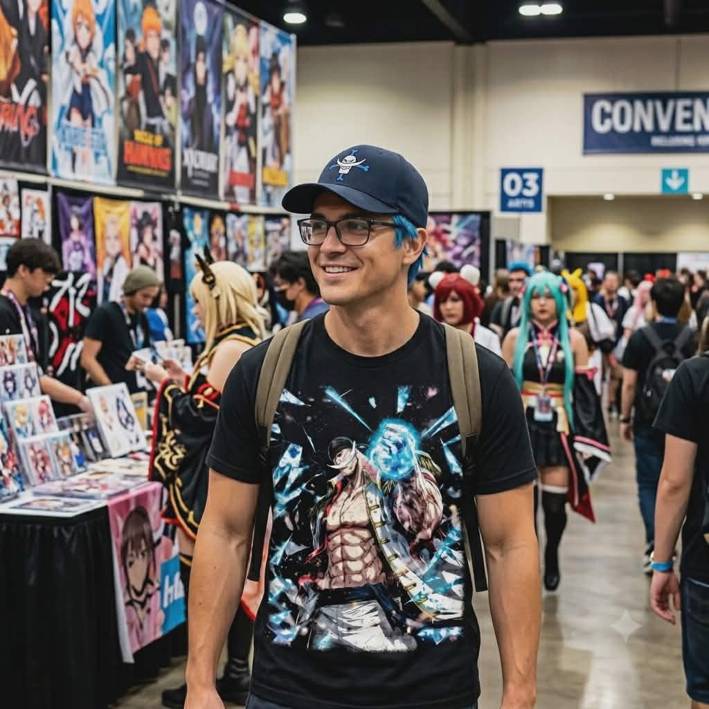 Person wearing the Whitebeard anime graphic tee at a convention, featuring a sharp, modern streetwear look.