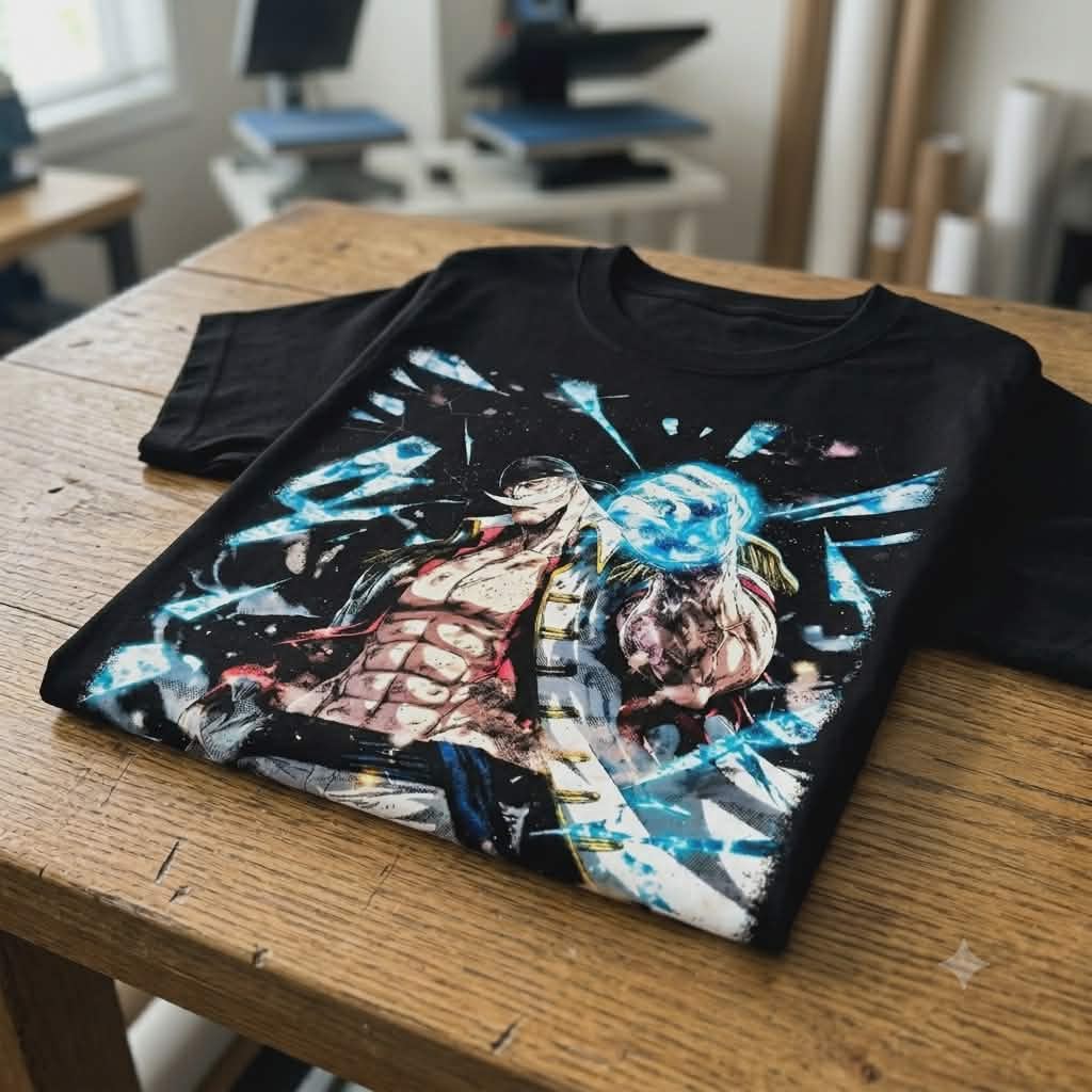 Premium Whitebeard anime streetwear tee folded on a desk, highlighting the high-quality DTF print texture.